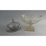 A Cut Glass Oval Table Center Bowl and a Cut Glass Lidded Oval Bowl on Stand. Finial AF