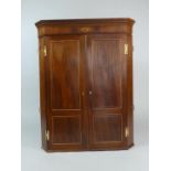An Edwardian Inlaid Mahognay Wall Hanging Corner Cabinet with Shelved Interior, 95cm Wide, 120cm