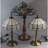 One Large and Pair of Small Table Lamps with Tiffany Style Shades