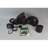 Two Ricoh KR 5 35mm Cameras Together with Flash, A Fuji Film Fine Pix Digital Camera and a Sony