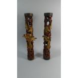 A Pair of 19th Century Japanese Carved Wooden Columns, with Red Lacquer and Gilt Decoration. 45cms