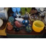 A Tray of Coloured Glassware to Include Perfume Atomiser, Six Various Paperweights, Three Vases