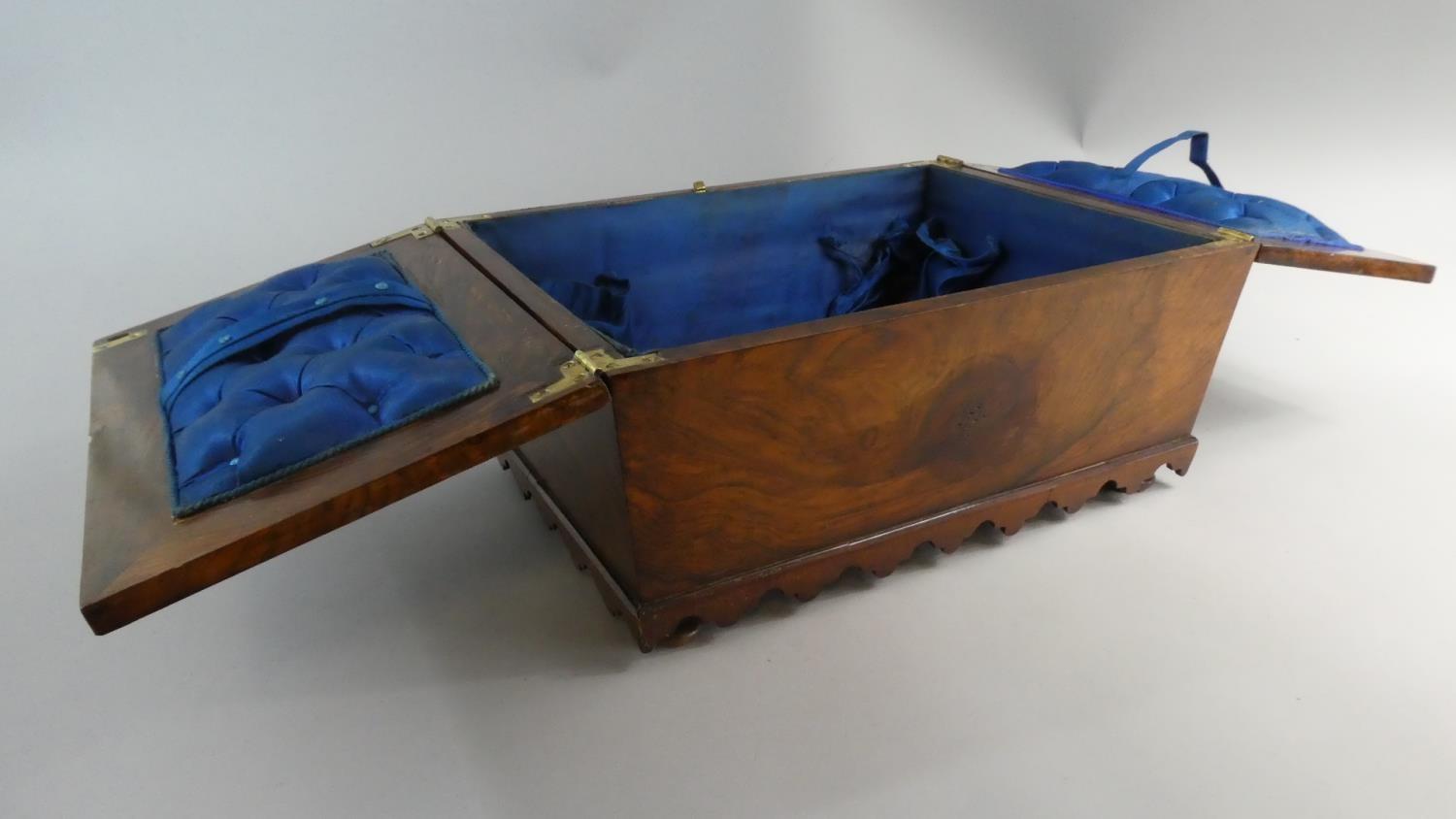 A Late 19th Century Walnut Sewing Box with Silk Lined Buttoned Interior, Shaped Apron and Bun - Image 3 of 4