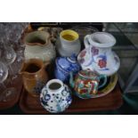 A Tray of Ceramics to Include Oriental Plate and Small Teapot, Stoneware Jugs, Vases etc