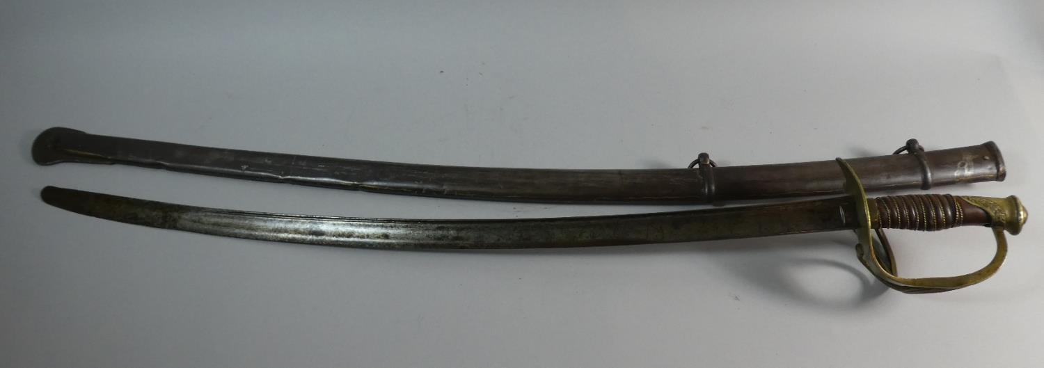 A 19th Century French Cavalry Sword with Wire Bound Grip and Brass Hilt. Shortened Blade, Steel