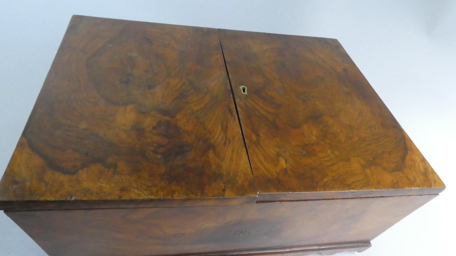 A Late 19th Century Walnut Sewing Box with Silk Lined Buttoned Interior, Shaped Apron and Bun - Image 2 of 4