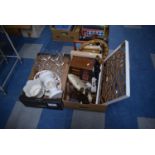 Two Boxes Containing Various Wine Glasses, Ceramics, Animal Ornaments, Oval Mirror, Barley Twist Oak