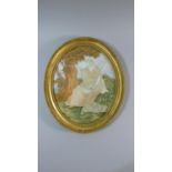 A 19th Century Gilt Framed Silk Embroidery depicting Seated Shepherdess carving 'Tancred' on Tree