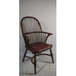 A Mid 20th Century Hooped Spindle Backed Windsor Armchair with Leather Pad Seat