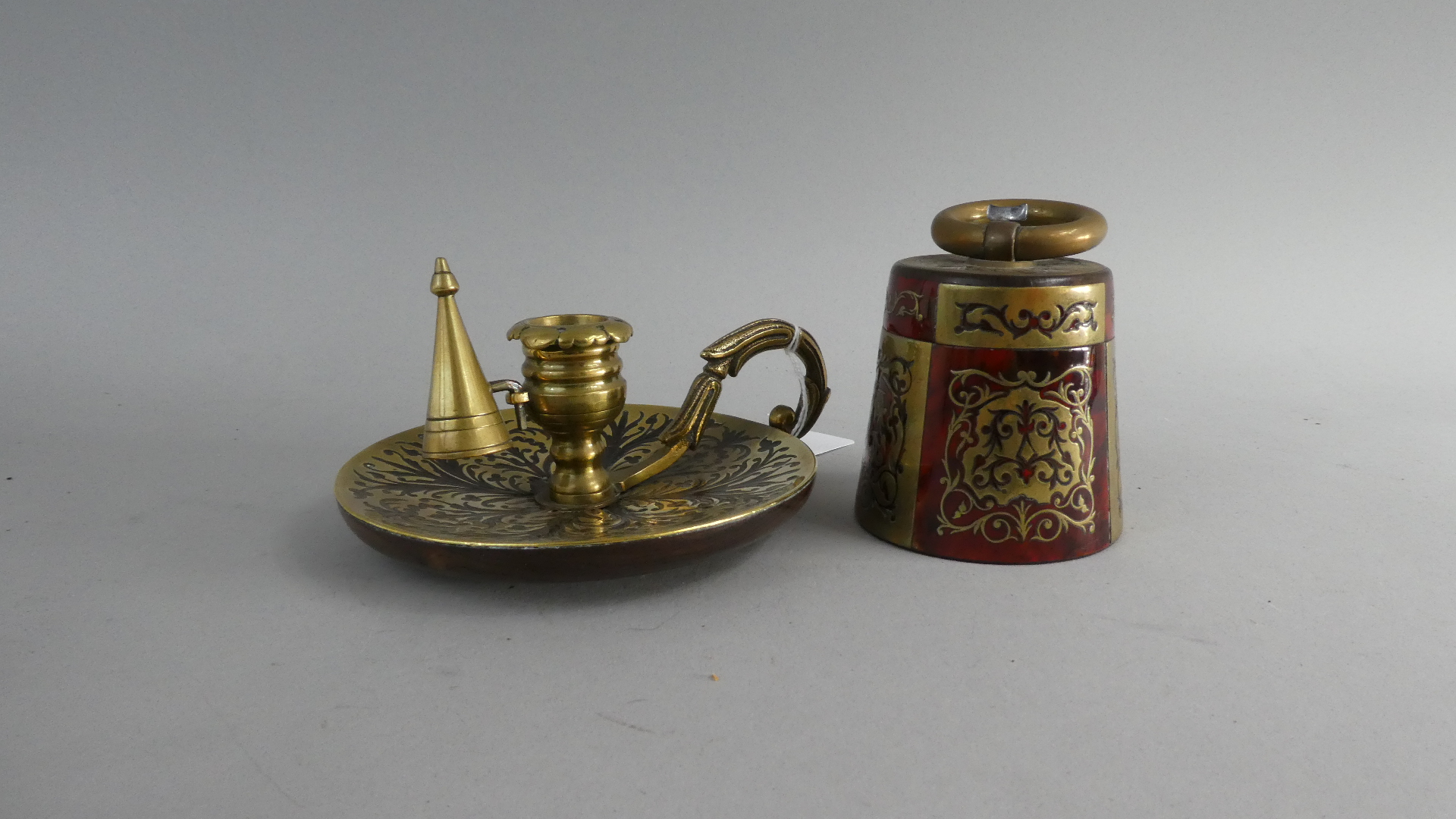 A Boulle Work Bed Chamber Stick with Snuffer together with Boulle Work Tapering Cylindrical Lidded