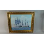 A Gilt Framed Oil on Canvas Depicting Maritime Battle Scene with English and French Tall Ships, 49cm