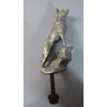 A Chromed Metal Vintage Car Mascot in the Form of German Shepherd Standing on Rock, Inscribed E