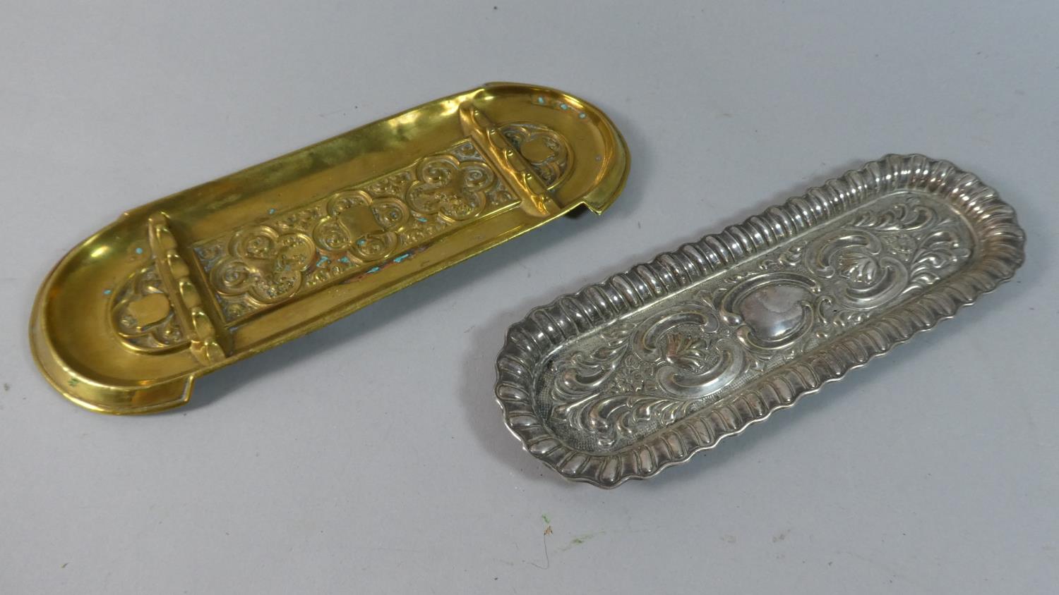 A French Pressed Brass Desk Top Pen Tray and a Pressed Silver Plate Example, Each 24cm Long - Image 2 of 3