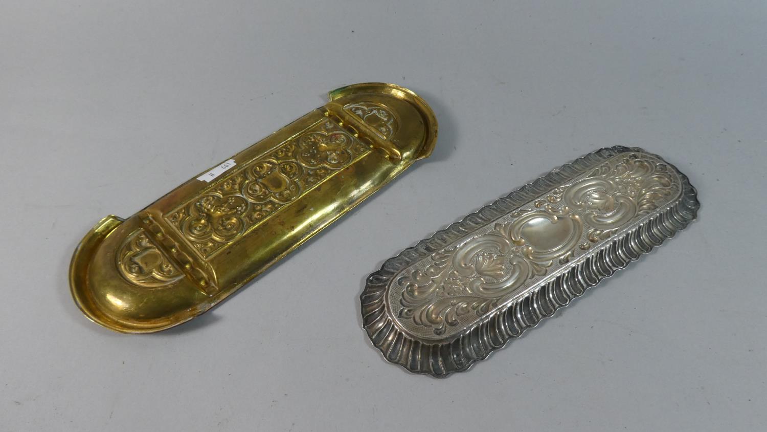 A French Pressed Brass Desk Top Pen Tray and a Pressed Silver Plate Example, Each 24cm Long - Image 3 of 3