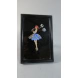 An Art Deco Butterfly Wing Framed Easel Back Picture Depicting a Lady with Balloons, Signed Bottom