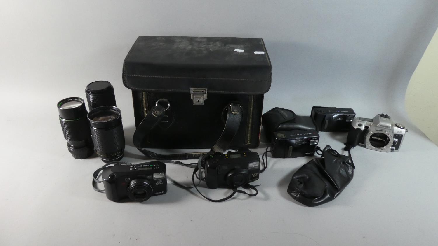 A Box Containing Various Vintage Cameras, Telescopic Lenses, Camera Case etc