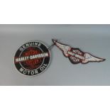 Two Reproduction Cast Metal Painted Plaques for Haley Davidson Motorcycles, Circular Example 24cm