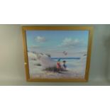 A Framed Oil on Canvas Depicting Girls with Balloons on the Beach, 60cm Wide