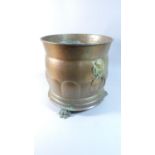 A Brass Mounted Copper Cylindrical Coal Bucket with Three Brass Claw Feet, 28.5cm Diameter and