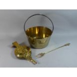 A Vintage Brass Jam Kettle, 30.5cm Diameter Together with a Pair of Brass Mounted Bellows and a