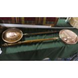 Two Copper Bedwaming Pans with Turned Wooden Handles