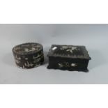 Two Mother of Pearl Inlaid Papier Mache Boxes, One with Chinoiserie Decoration the Other Floral,