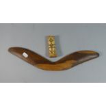 A Vintage Aboriginal Boomerang and a Carved Bone Dagger Handle with Aboriginal Lizard Decoration