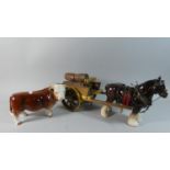 A Ceramic Model of a Horned Hereford Bull Together with a Model of a Horse and Brewers Cart