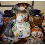 A Tray of Oriental Ceramics to Include Laughing Buddha, Various Kutani and Satsuma Vases, Imari