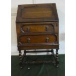 An Edwardian Oak Fall Front Two Drawer Bureau with Barley Twist Supports, 60cm Wide