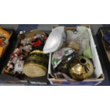 Two Boxes of Sundries to Include Souvenir Dolls, Kitchen Scales, Art Deco Barometer etc