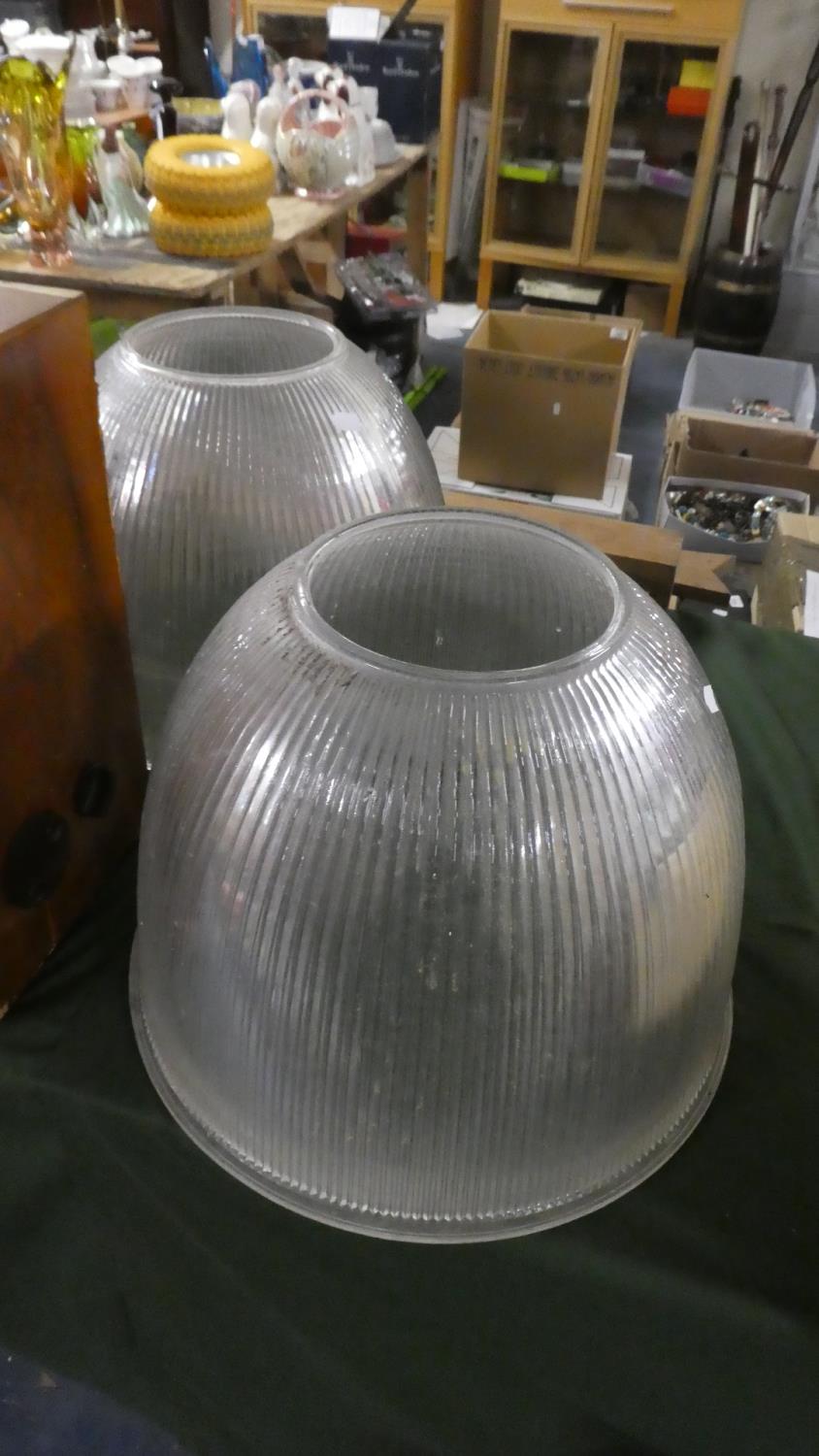A Pair of Industrial Glass Light Shades, 29cm High