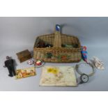 A Vintage Wicker Basket Containing Curios to Include Wooden Jewellery Box, Superman Brush, Star Trek
