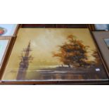 A Mounted But Unframed Oil on Canvas Depicting Tall Ship at Anchor Signed Tom Golver, 61cm Wide