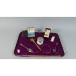 A Tray Containing Various Curios to Include Medicine Spoon, Cufflinks, Wooden Cutter etc