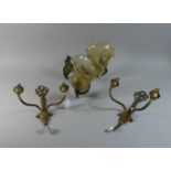 A Pair of French Brass Two Branch Wall Lights and a Similar Example with Glass Shades