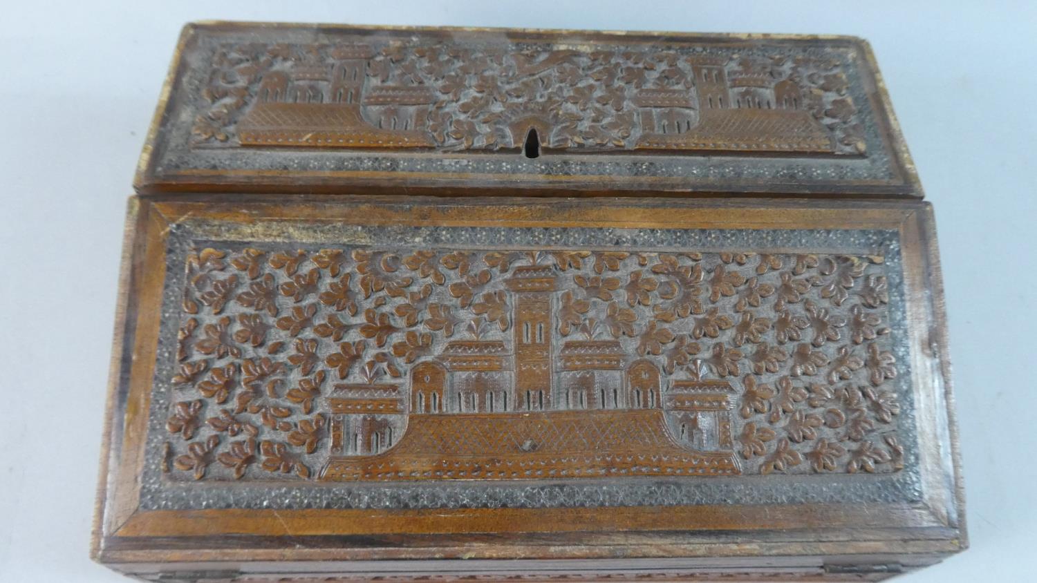 An Indian Carved Wooden Writing Slope with Stationery Box Back Having Hinged Lid and Fold Front, - Image 3 of 5