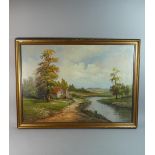 A Large Framed Oil on Canvas Depicting Cottage in Moorland Landscape, 90cm Wide Signed Gartland