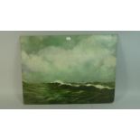 An Unframed Oil on Board Depicting Stormy Sea with Tall Ship in Distance, 54.5cm Wide