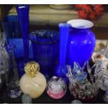 A Tray of Coloured Glass to Include Paper Weight, Vases etc