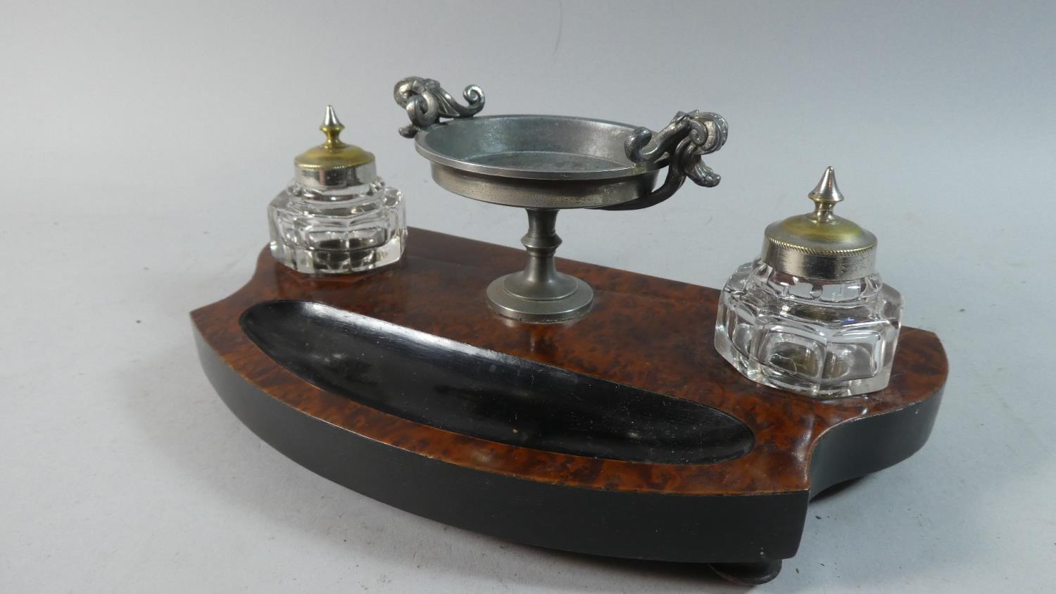 A French Burr Wood Desk Top Inkstand with Pair of Octagonal Ink Bottles Having Silver Plated Tops