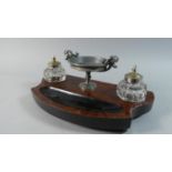 A French Burr Wood Desk Top Inkstand with Pair of Octagonal Ink Bottles Having Silver Plated Tops