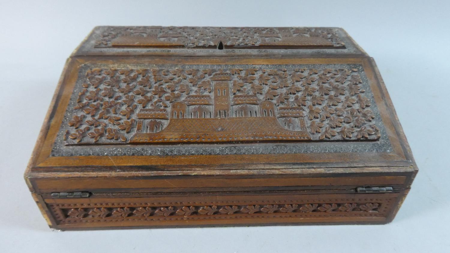 An Indian Carved Wooden Writing Slope with Stationery Box Back Having Hinged Lid and Fold Front, - Image 2 of 5