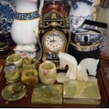 A Tray Containing Onyx Cigarette Box, Ashtrays, Lighter, Horse Bookends Together with a Reproduction