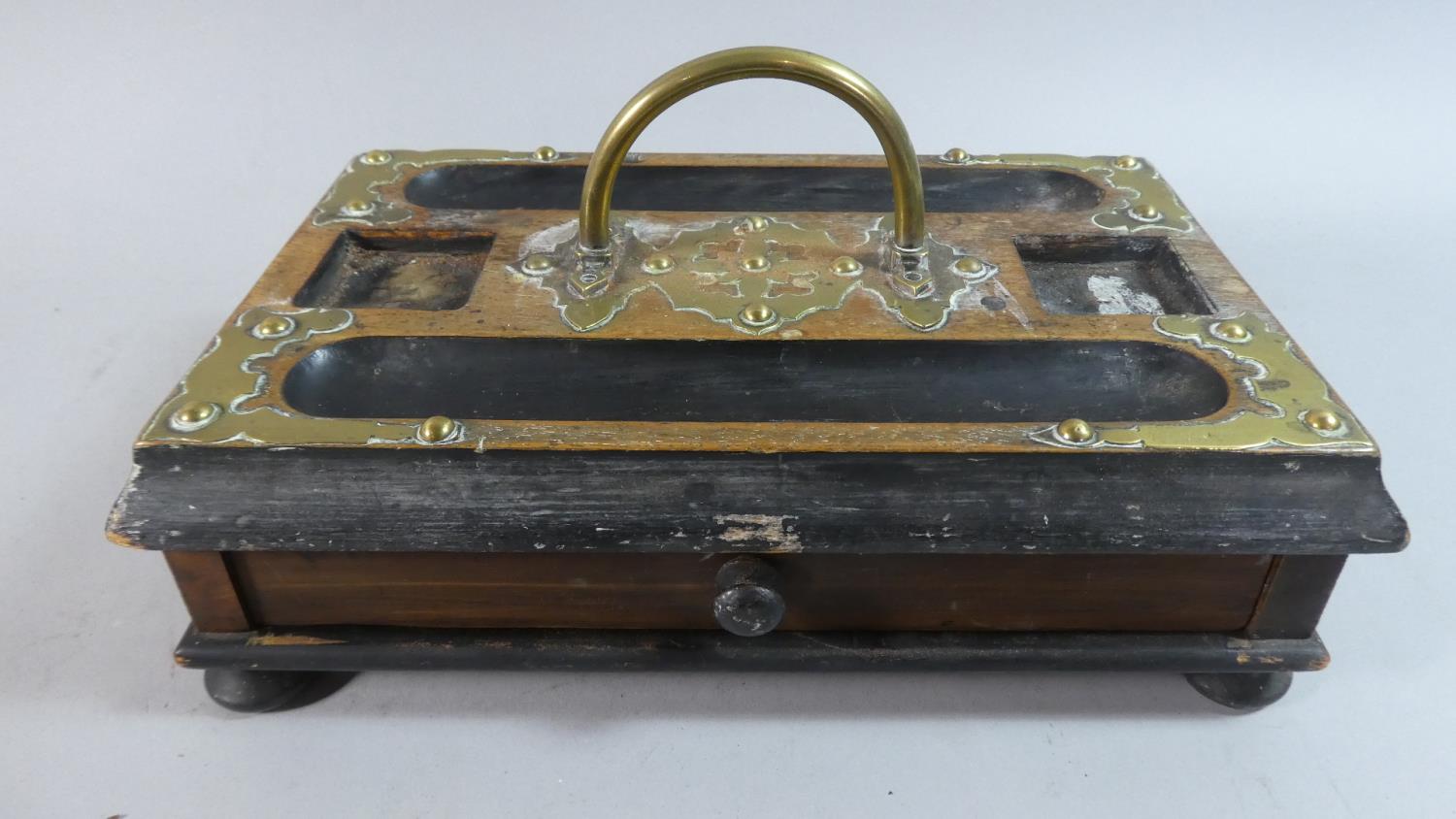 A Victorian Brass Mounted Desktop Ink Stand with Drawer, Missing Glass Ink Bottles, 27.5cm Wide - Image 2 of 2