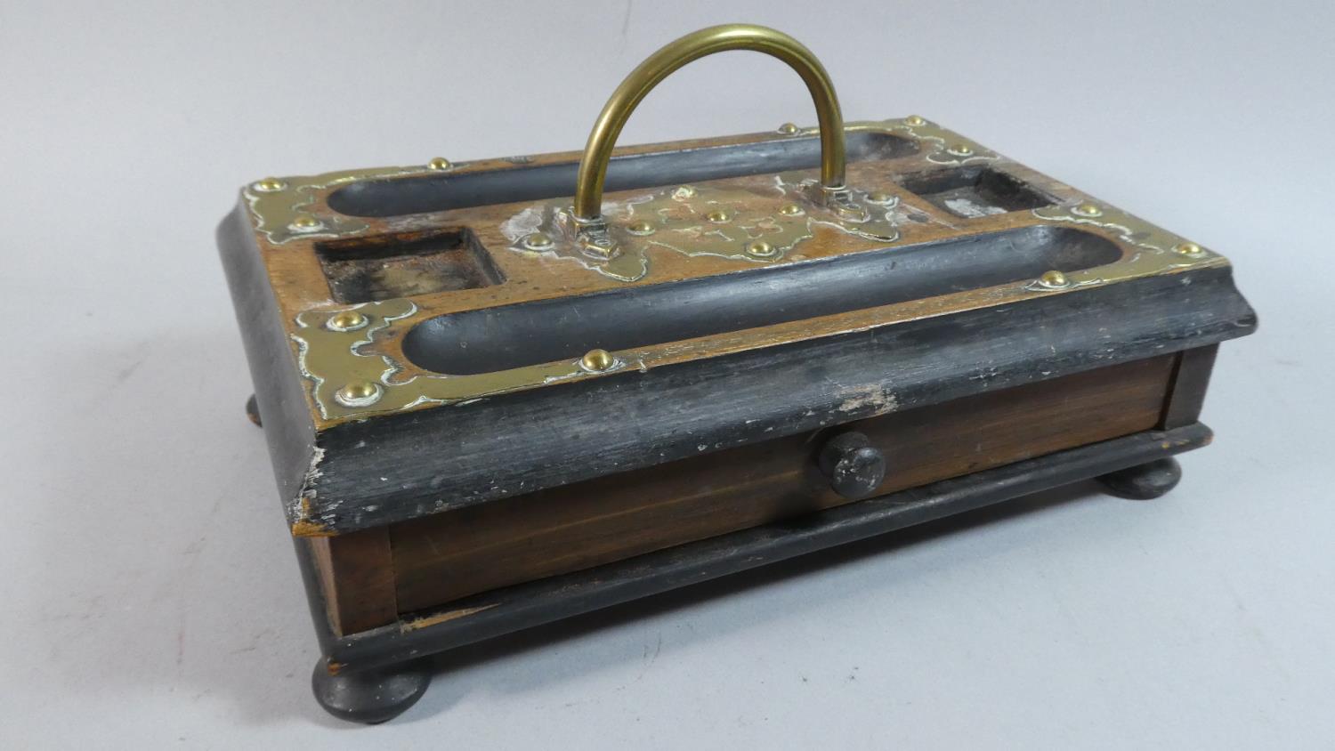 A Victorian Brass Mounted Desktop Ink Stand with Drawer, Missing Glass Ink Bottles, 27.5cm Wide