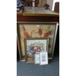 A Framed Still Life Print, Framed Oil on Canvas Signed Verier Together with Small Embroidery and