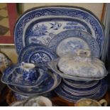 A Tray of Blue and White Willow Pattern to Include Two Large Meat Plates and Cheese Stand