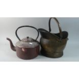 A Vintage Enamelled Kettle and a Brass Helmet Shaped Coal Bucket