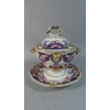 A Bloor Derby Imari Pattern Two Handled Tureen on Stand, Handle Repaired